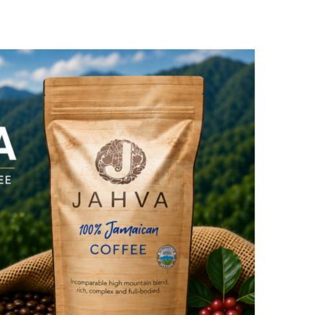 A bag of Jahva 100% Jamaican coffee against the Blue Mountains