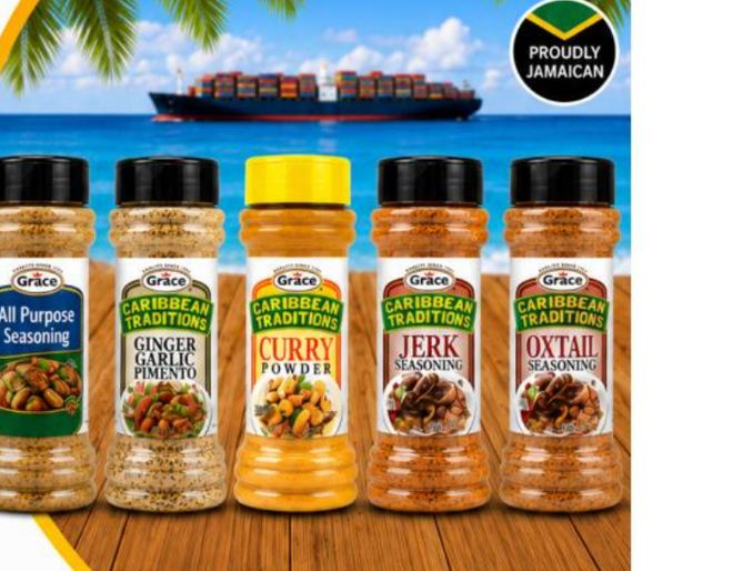 Grace Caribbean Traditions seasoning bottles — all purpose, ginger garlic pimento, curry, jerk and oxtail